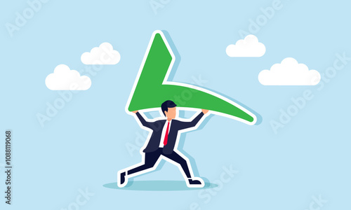 A businessman runs while holding a green checkmark, illustration of completing a business project