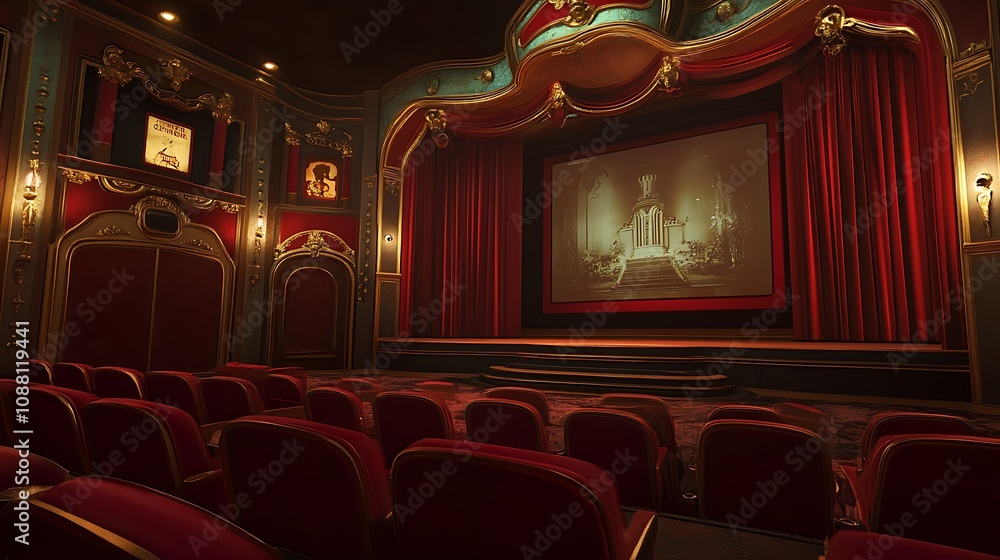 Luxurious vintage movie theater interior with red velvet seats, ornate ...