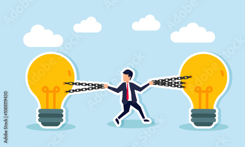 A businessman holds a chain binding a lamp with both hands, illustration of preserving business ideas and innovations to stay relevant with business growth