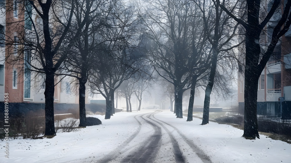 Winter wonderland street with heavy snowfall and warm glow Winter wonderland street with heavy snowfall and warm glow