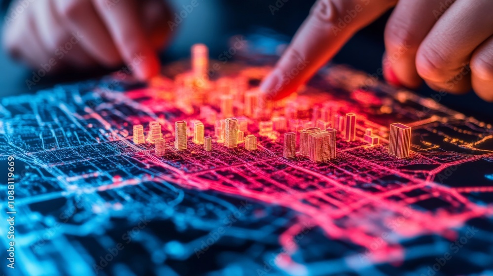 Interactive Cityscape: A close-up shot of hands interacting with a vibrant, glowing 3D model of a city, highlighting the innovative use of technology in urban planning and development. Interactive Cityscape: A close-up shot of hands interacting with a vibrant, glowing 3D model of a city, highlighting the innovative use of technology in urban planning and development.
