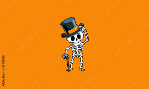 Cheerful skeleton tipping top hat with cane