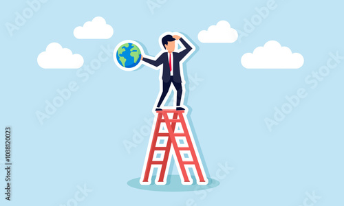 A businessman stands on a ladder holding a globe, observing something, illustration of monitoring global business trends