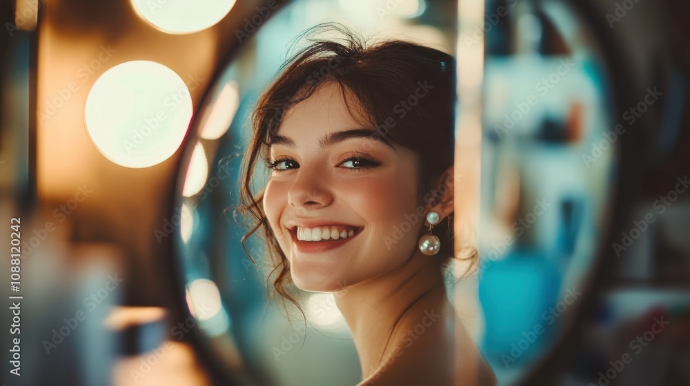 Woman Smiling Joyfully in Beauty Salon With Pearl Earrings and Mirror Reflection. Generative AI Woman Smiling Joyfully in Beauty Salon With Pearl Earrings and Mirror Reflection. Generative AI
