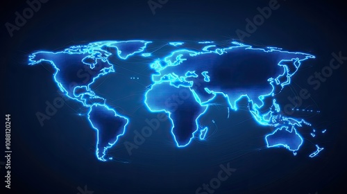 Vibrant Blue Digital World Map with Neon Glow Representing Global Connectivity and Technology in a Modern Design for Creative Projects