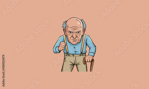 Angry old man with a cane shaking his fist