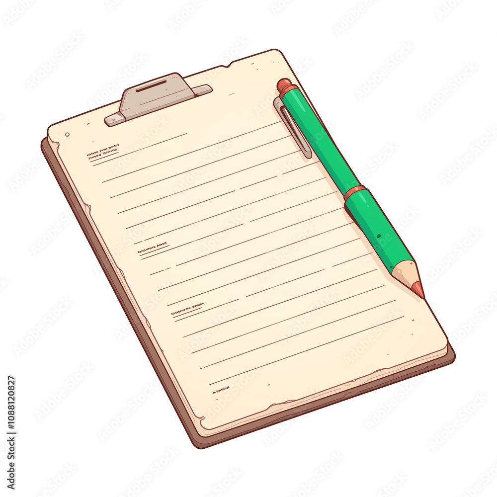 clipboard with green pencil rests on sheet of paper, featuring cyberpunk flat design style. isolated image on white background highlights futuristic and digital aesthetic clipboard with green pencil rests on sheet of paper, featuring cyberpunk flat design style. isolated image on white background highlights futuristic and digital aesthetic