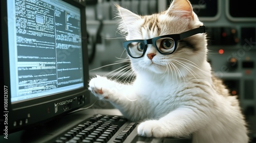 A Cute Cat Teaching Computer Science with Books and a Laptop, Displaying a Fun and Playful Learning Atmosphere in a Classroom Setting
