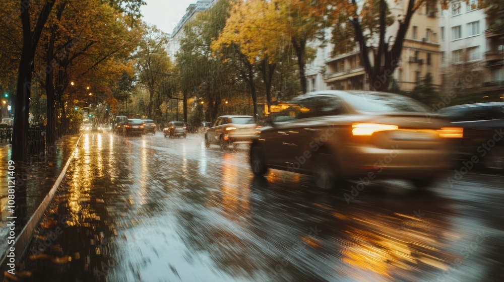 Car Navigating Through Autumn City Traffic After Rain. Generative AI Car Navigating Through Autumn City Traffic After Rain. Generative AI