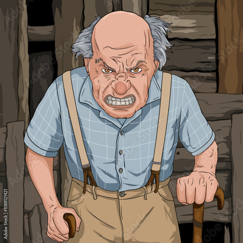 Angry old man with a cane shaking his fist
