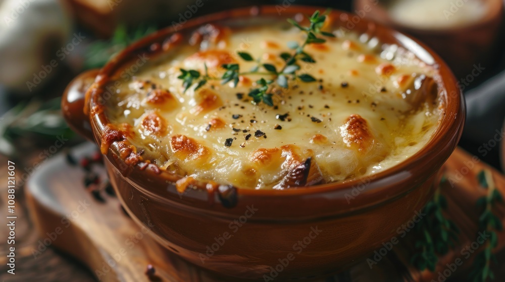 Close-up of a French onion soup in a brown bowl, topped with melted cheese and thyme. Close-up of a French onion soup in a brown bowl, topped with melted cheese and thyme.