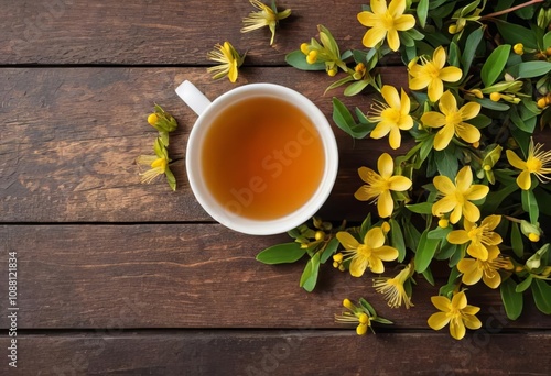 A cup of St. John's wort tea and fresh flowers on a wooden background