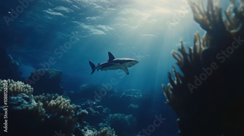 Shark swimming in a coral reef with sunlight filtering through.