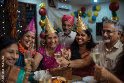 Indian Family on New Year Sharing Joyful Festive Moments and Champagne as They Welcome 2025 Together with Smiles photo