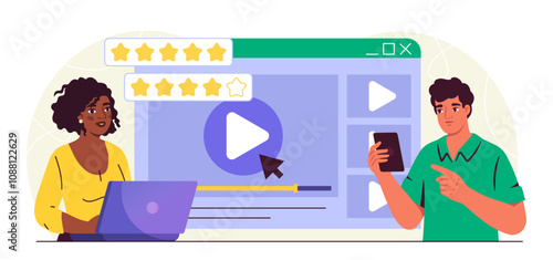 People watch video. Man with smartphone and woman with laptop watching videos on Internet. Fun and leisure, entertainment. Flat vector illustration