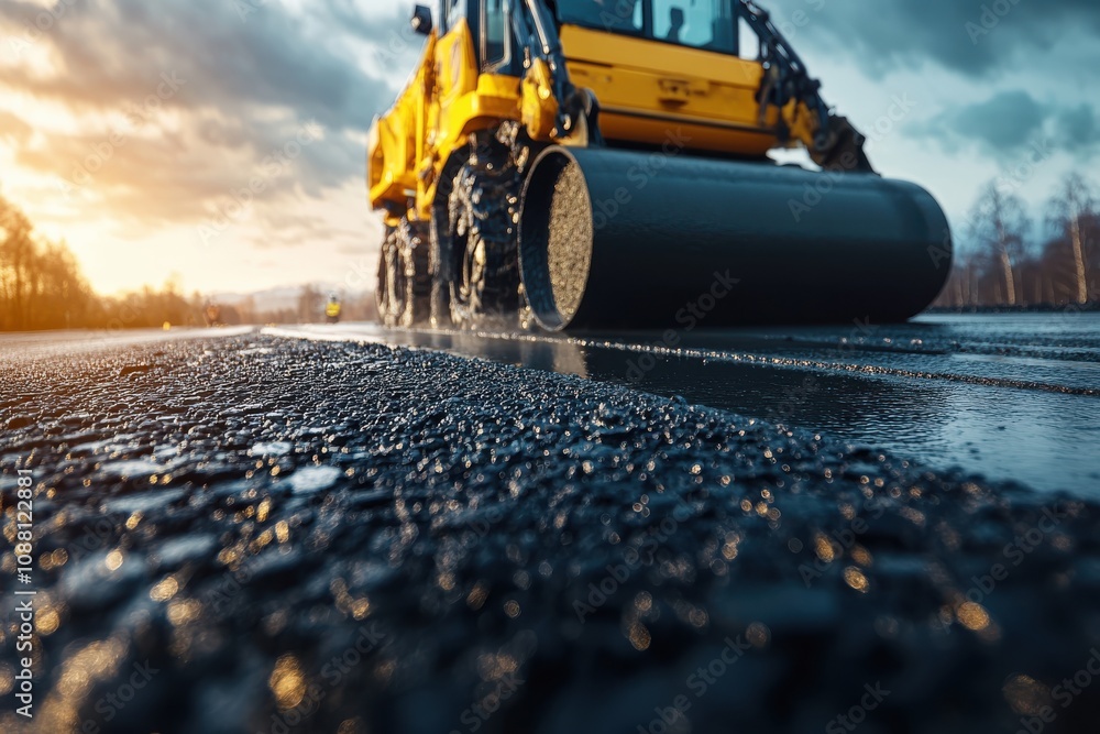 Construction workers pouring concrete on a highway, focus on the textures of the materials used, vibrant, composite, rural landscape backdrop Construction workers pouring concrete on a highway, focus on the textures of the materials used, vibrant, composite, rural landscape backdrop