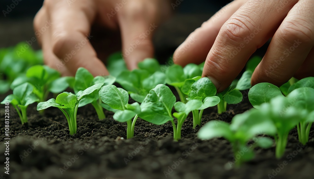 Closeup of hands planting fresh green seedlings in fertile soil, emphasizing growth, sustainability, and ecoconscious gardening practices Closeup of hands planting fresh green seedlings in fertile soil, emphasizing growth, sustainability, and ecoconscious gardening practices