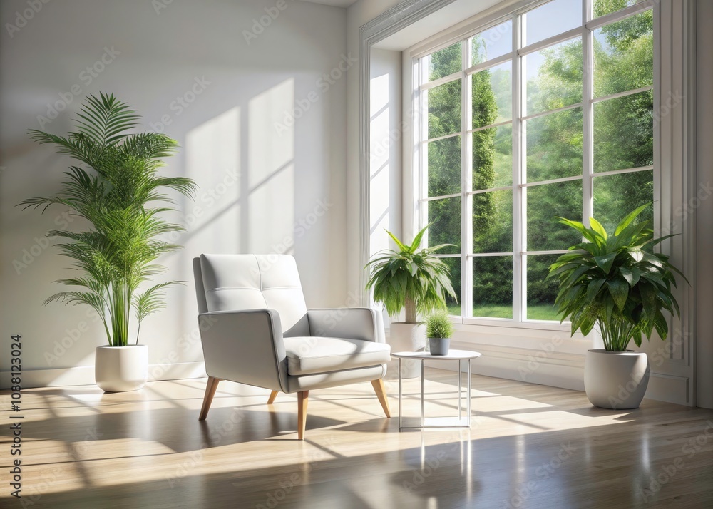 Minimalist White Chair in a Bright Room with Natural Light - Conceptual Photography, Interior Design, Modern Aesthetics, Peaceful Ambiance, Clean Lines, Cozy Atmosphere Minimalist White Chair in a Bright Room with Natural Light - Conceptual Photography, Interior Design, Modern Aesthetics, Peaceful Ambiance, Clean Lines, Cozy Atmosphere