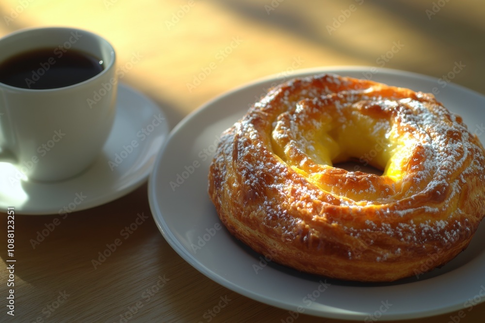 A cup of coffee beside a pastry on a plate. A cup of coffee beside a pastry on a plate.