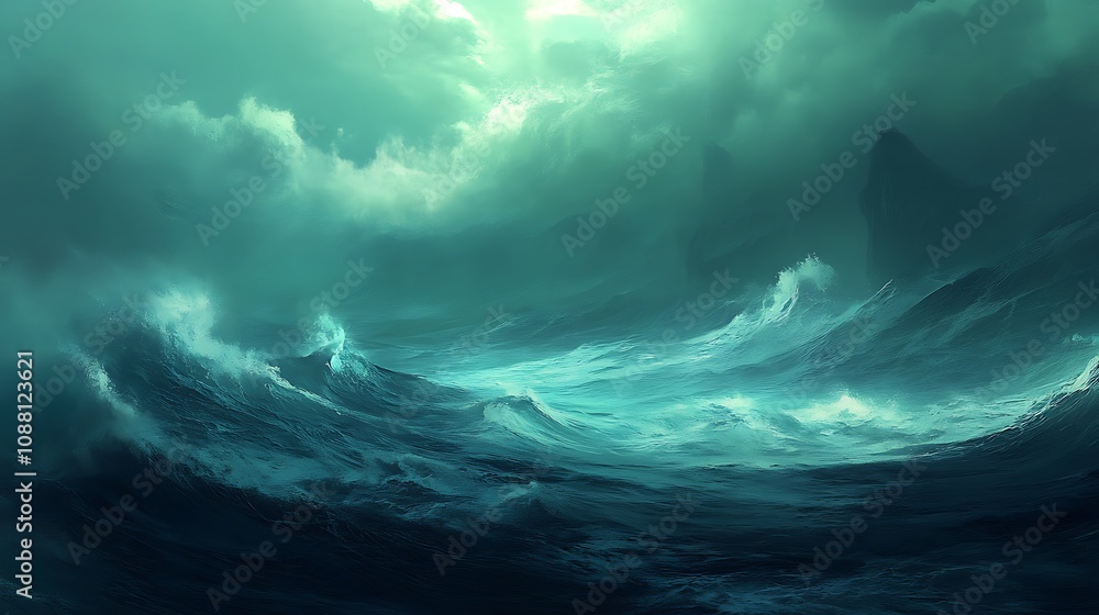 Dark teal stormy sea with ominous clouds and distant rocky peaks. Dark teal stormy sea with ominous clouds and distant rocky peaks.