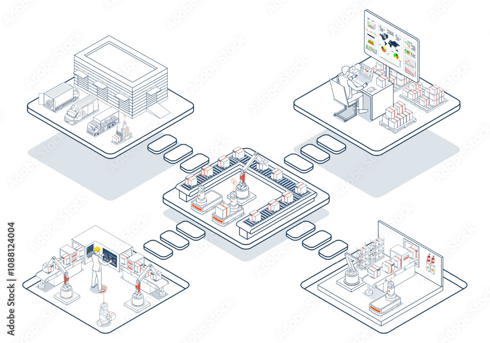 Obraz premium Global logistics network coordinates transportation, supply chain management (SCM), and operations across companies worldwide to deliver efficient logistics services. Vector illustration EPS 10