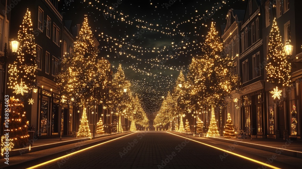 Enchanting Winter Street Decorated with Bright Holiday Lights and Sparkling Christmas Trees Under a Starry Night Sky in a Charming Town Enchanting Winter Street Decorated with Bright Holiday Lights and Sparkling Christmas Trees Under a Starry Night Sky in a Charming Town
