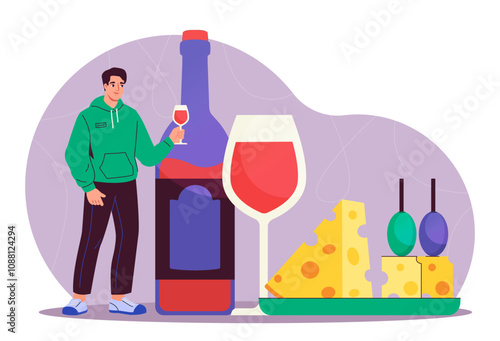 Man with wine. Young guy with glass of alcoholic drink near cheese. Person with alcohol and beverage. Winery and viticulture. Flat vector illustration