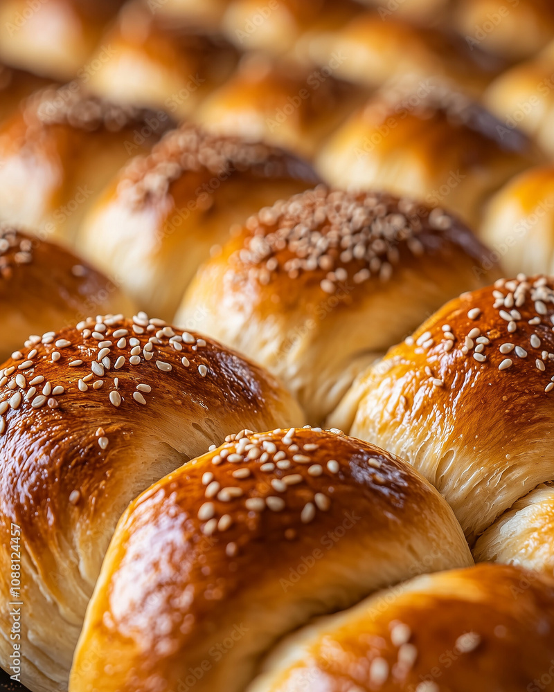 row of freshly baked challah bread with sesame seeds, focusing on the glossy, golden crust and texture row of freshly baked challah bread with sesame seeds, focusing on the glossy, golden crust and texture