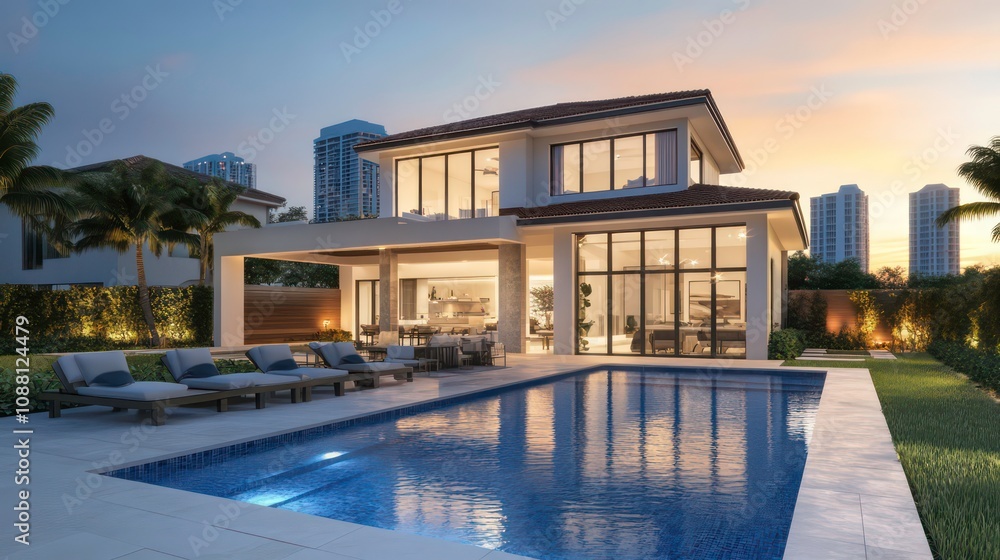 Obraz premium Front villa exterior with modern swimming pool. Suburban mansion building with garage and city view. Residential family cottage in Florida village.