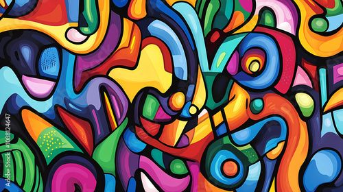 Colorful graffiti wall with dynamic abstract shapes, bold colors, and expressive street art strokes, creating an energetic pop art background. Dynamic Street Graffiti. Illustration