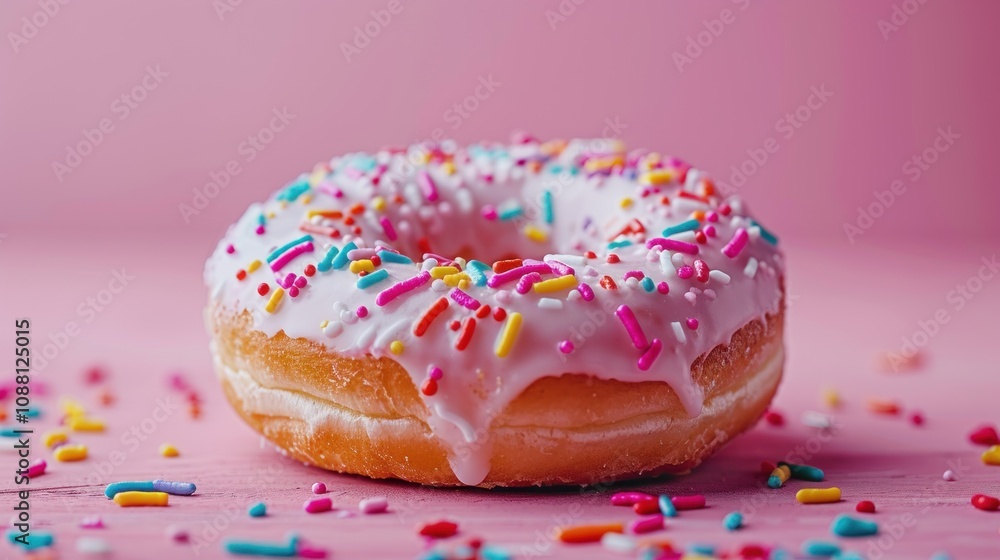 A single glazed donut with colorful sprinkles on a pink background. A single glazed donut with colorful sprinkles on a pink background.