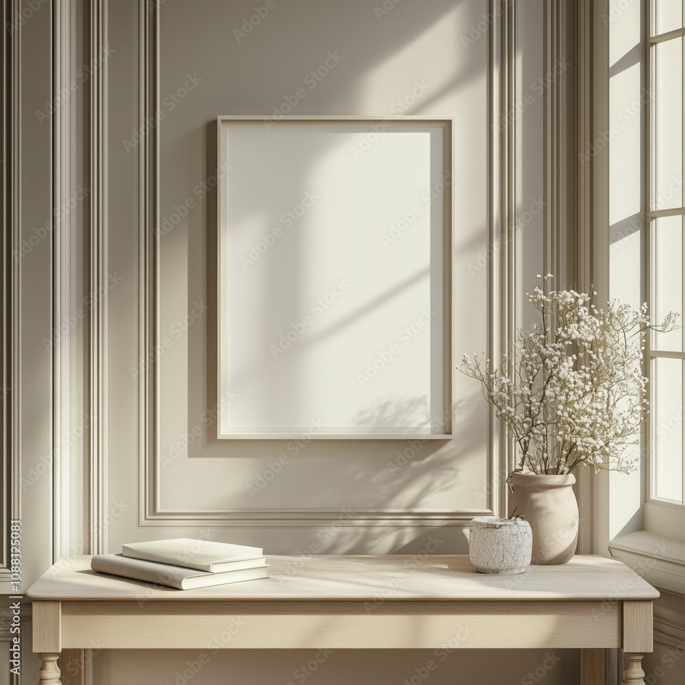 Blank poster in thin frame mockup. Empty frame on wall in light modern living room interior, in gray-beige shades, boho style. Vertical artwork template, designs place here. Blank poster in thin frame mockup. Empty frame on wall in light modern living room interior, in gray-beige shades, boho style. Vertical artwork template, designs place here.