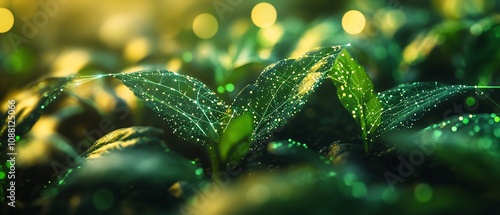 Closeup of green plants in a field, linked by glowing AI data lines, showcasing the integration of artificial intelligence in modern farming and precision agriculture photo