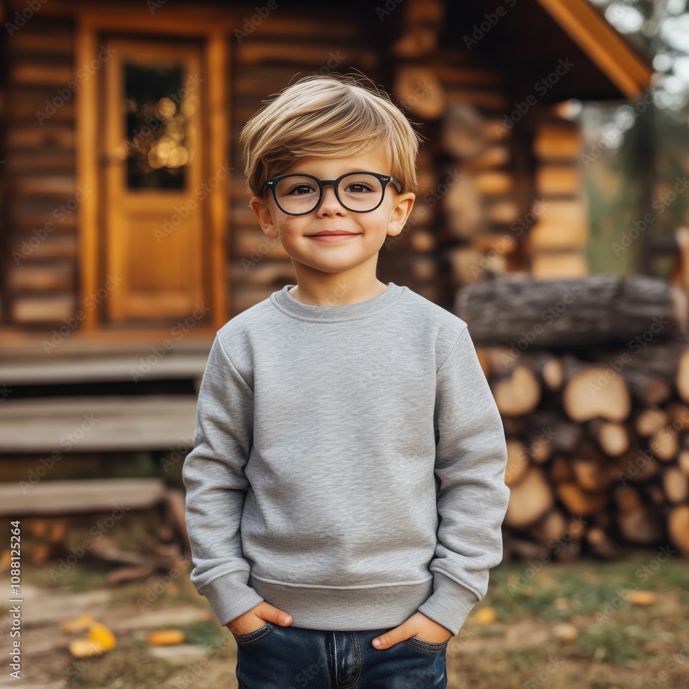 Cute little boy model in glasses wearing gray sweatshirt in festive Christmas decorated interior. Children long sleeve tshirt, Gildan 18000 blank template Cute little boy model in glasses wearing gray sweatshirt in festive Christmas decorated interior. Children long sleeve tshirt, Gildan 18000 blank template