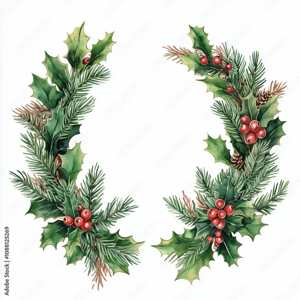 Christmas wreath with spruce branches, red berries. Winter holiday decoration Christmas wreath with spruce branches, red berries. Winter holiday decoration