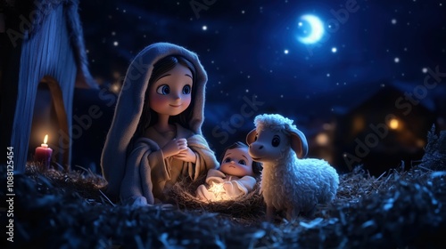 Nativity scene, 3d illustration. Traditional Christian holiday. Night sky with moon, Virgin Mary, baby Jesus Christ in cradle, lamb of god. Christmas card, poster, banner, cute wallpaper, background