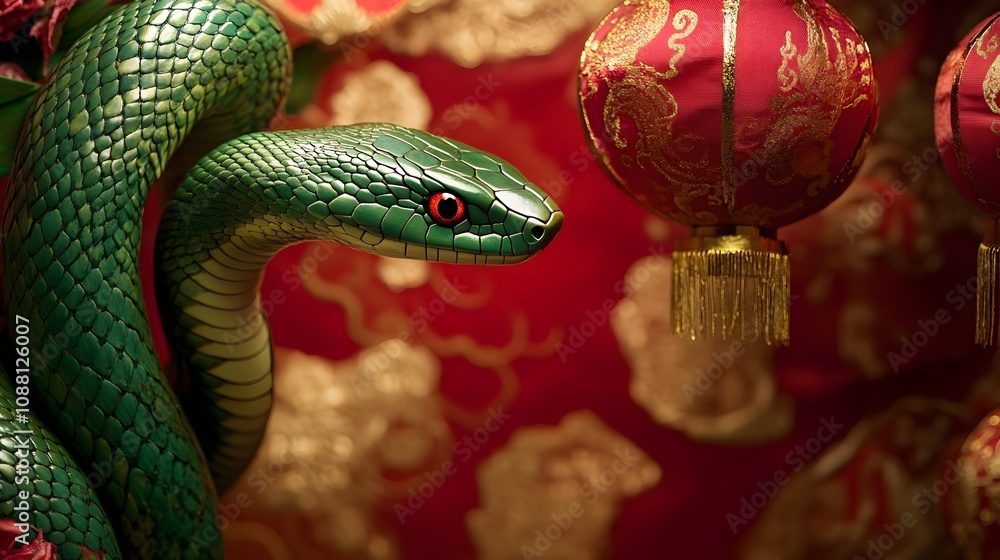 Green snake elegantly coiled against festive red and gold backdrop adorned with lanterns and traditional patterns, embodying the spirit of Chinese New Year Green snake elegantly coiled against festive red and gold backdrop adorned with lanterns and traditional patterns, embodying the spirit of Chinese New Year