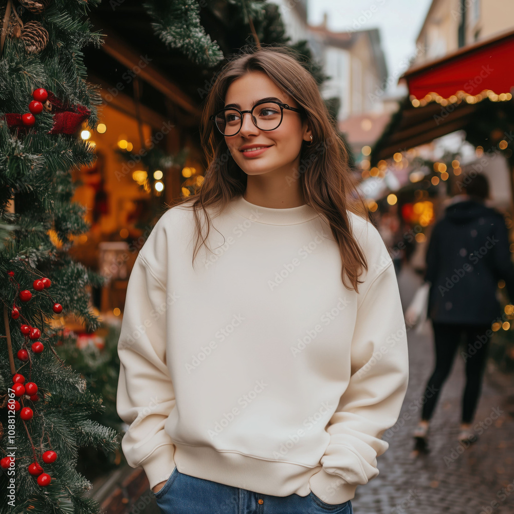 Women's white sweatshirt mockup, Christmas decorated background. Young female model in basic natural long sleeve shirt. Women's Gildan 18000. Casual pullover, winter holiday designs blank template Women's white sweatshirt mockup, Christmas decorated background. Young female model in basic natural long sleeve shirt. Women's Gildan 18000. Casual pullover, winter holiday designs blank template