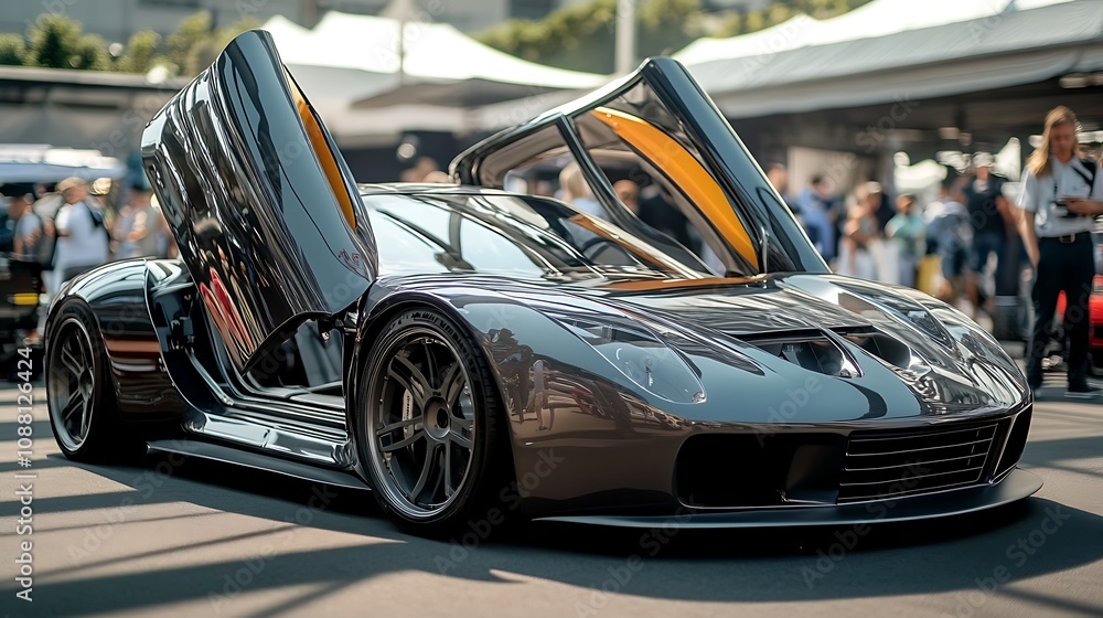 Sleek dark gray supercar with gull-wing doors open at outdoor auto show. Sleek dark gray supercar with gull-wing doors open at outdoor auto show.