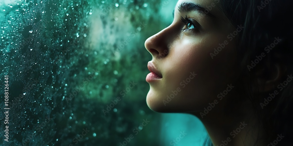 Woman looking out rainy window, pensive mood Woman looking out rainy window, pensive mood