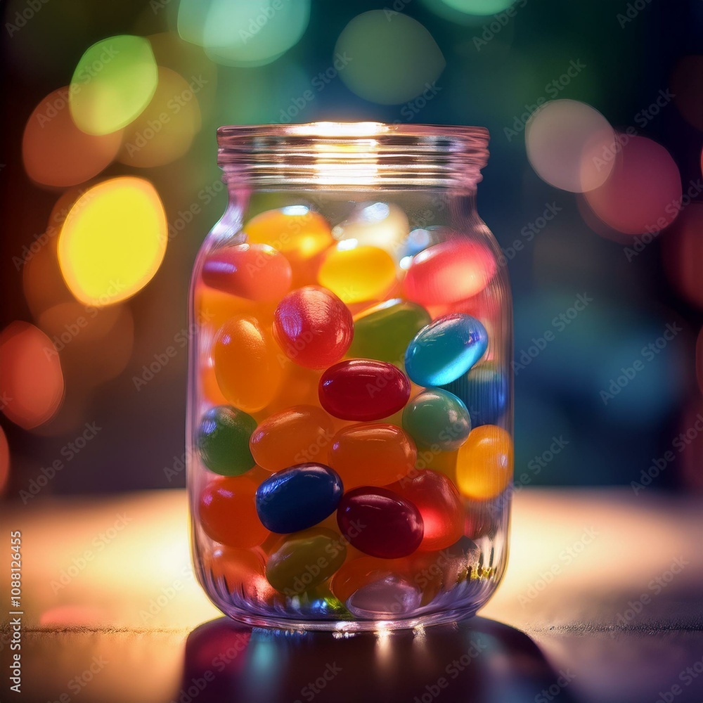 colorful jellybeans in glass jar; close up of colourful fruit colorful jellybeans in glass jar; close up of colourful fruit