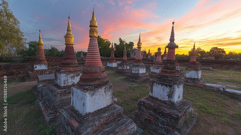 Naklejka premium Stunning Sunset Over Ancient Stupas with Vibrant Sky Colors, Showcasing Historical Architecture and Serene Atmosphere in a Peaceful Landscape