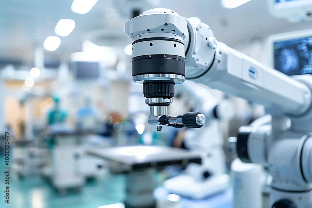 Close-up of a robotic arm in a modern surgical room. Close-up of a robotic arm in a modern surgical room.