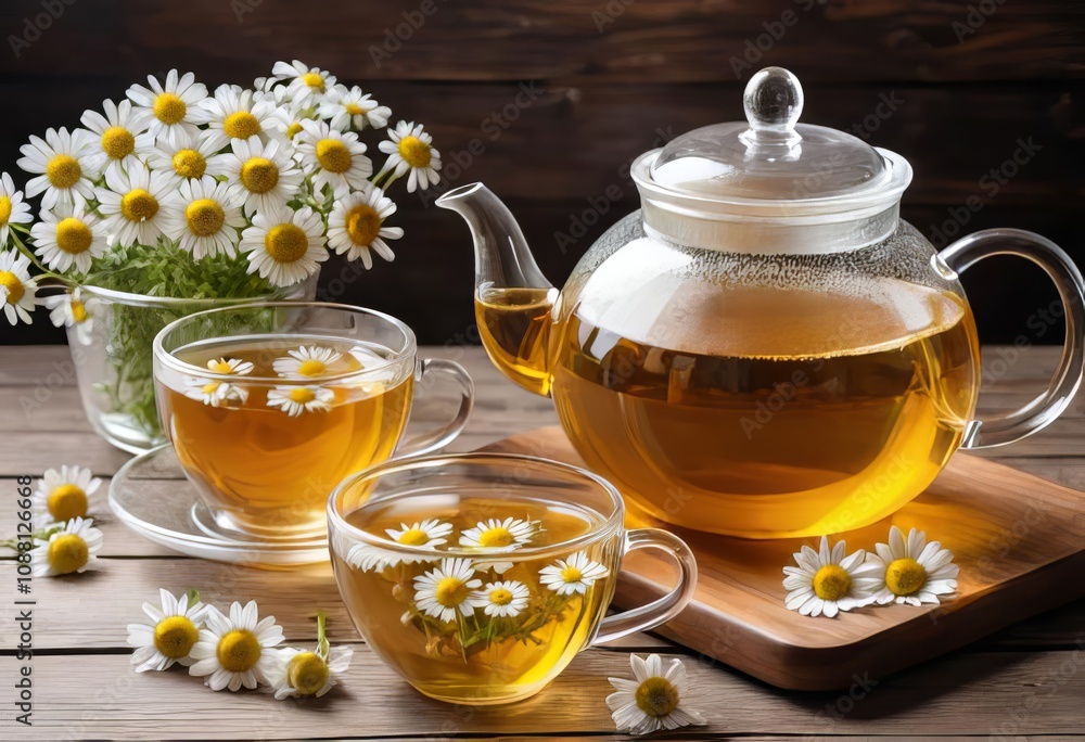 A glass teapot and cup filled with chamomile tea and chamomile flowers on a wooden table A glass teapot and cup filled with chamomile tea and chamomile flowers on a wooden table