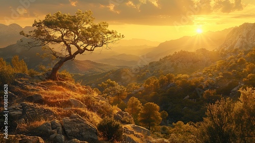 Cinematic Shot of Rugged Mountains with Stunning Golden Sunset Backdrop