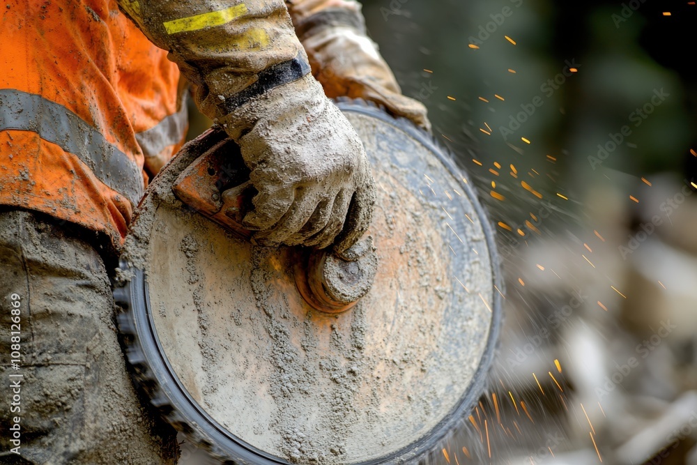 Obraz premium Close-up shot of a worker using a concrete saw, sparks flying, focus on the saw blade, orange safety vest and helmet slightly blurred in the background