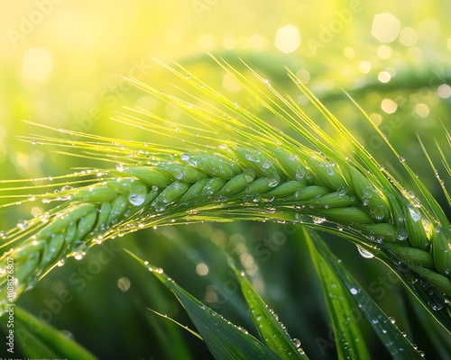 Closeup of vibrant green wheat ears covered in dew, showcasing the natural beauty and growth of crops in a fresh morning setting under soft sunlight photo