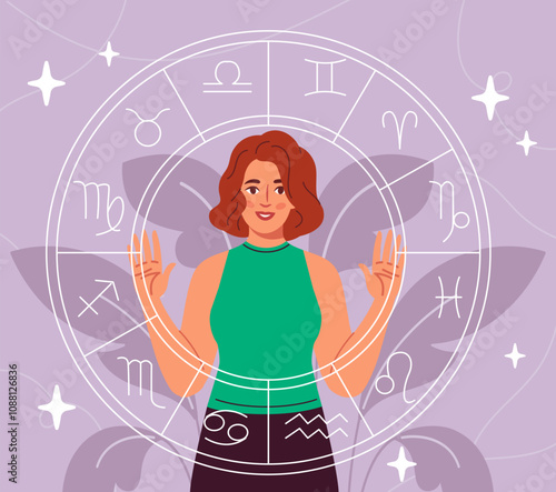 Woman with zodiac. Young girl with zodiac signs. Astrology and esoterics, mysticism. Wheel of constellations. Pisces, Sagittarius, Taurus, Gemini and Scorpio. Flat vector illustration