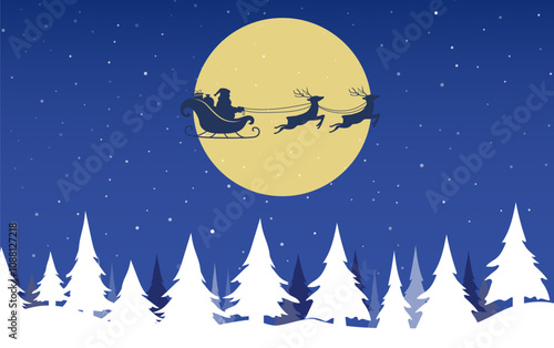 Santa Claus ride sleigh with flying reindeer. Snowflake and star decorative element. fir trees in snow. Merry christmas banner. Vector illustration