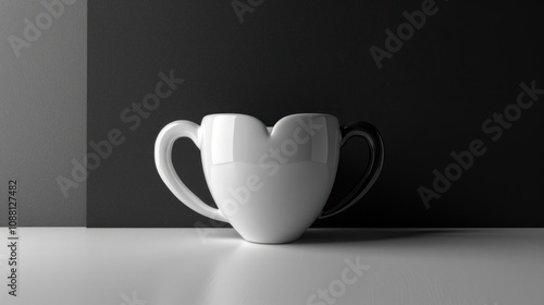 A white ceramic cup with two handles in the shape of a heart, sitting on a white surface with a black background.